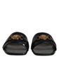 Versace Black Leather Logo Plaque Slip On Slides Flats Shoes