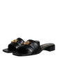 Versace Black Leather Logo Plaque Slip On Slides Flats Shoes