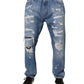 Dolce & Gabbana Blue Tattered Straight Cotton Denim Jeans