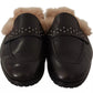 Peserico Black Leather Fur Perforated Slip On Flats Shoes