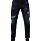 Dolce & Gabbana Dark Blue Cotton Tattered Skinny Denim Jeans