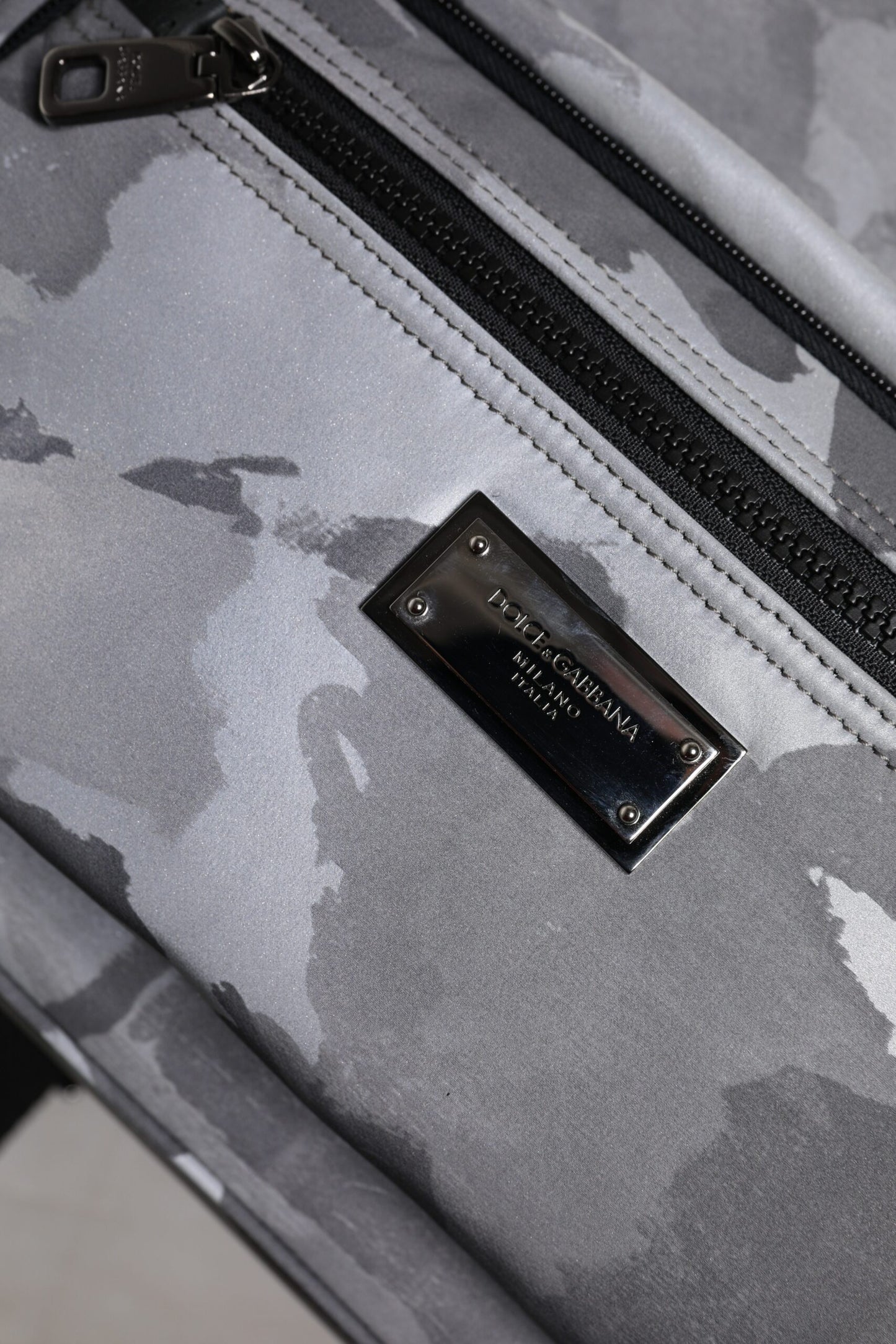 Dolce & Gabbana Gray Cotton Camouflage Logo Plaque Backpack Bag