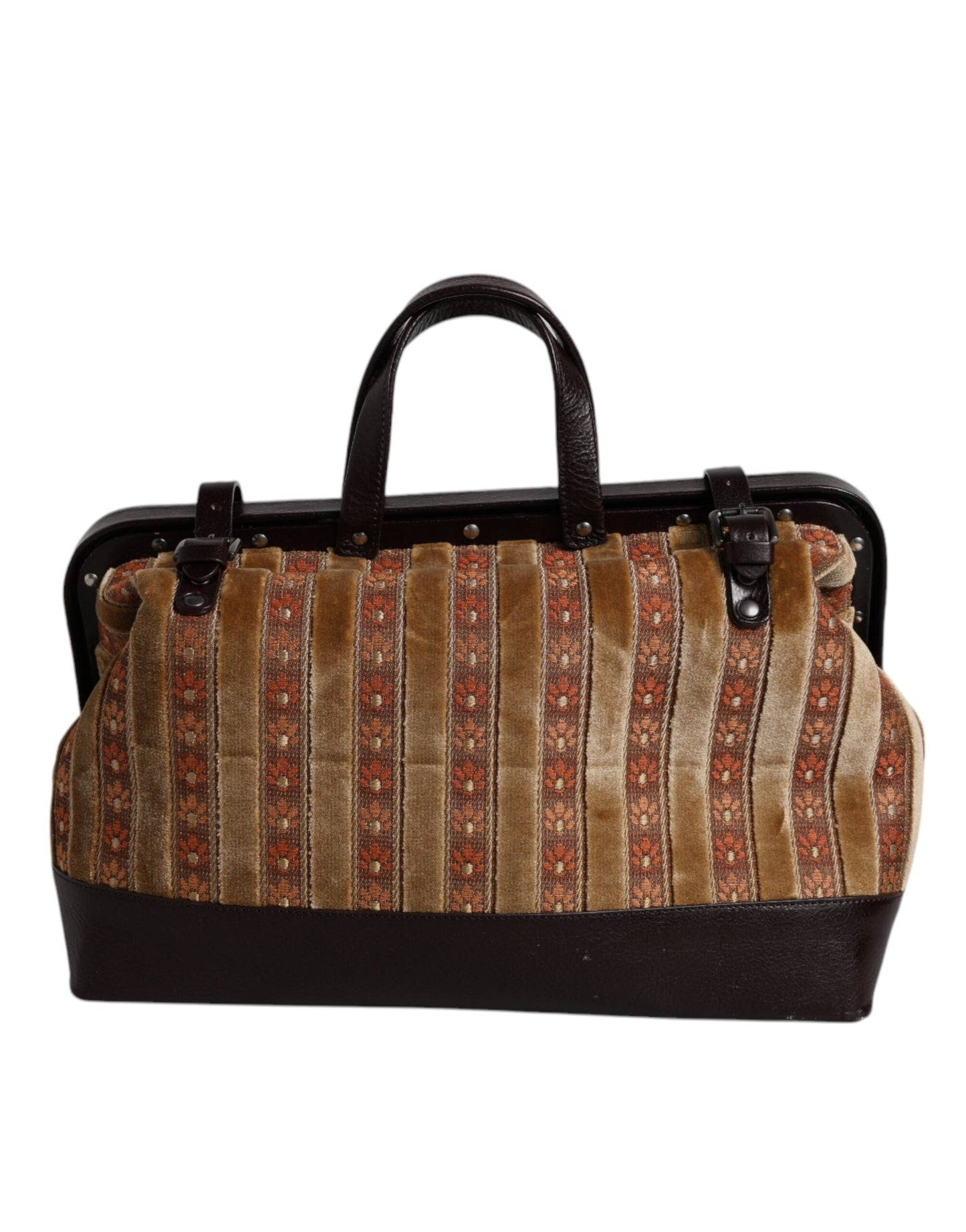 Dolce & Gabbana Beige Maroon Velvet Leather Jacquard Travel Handbag Bag