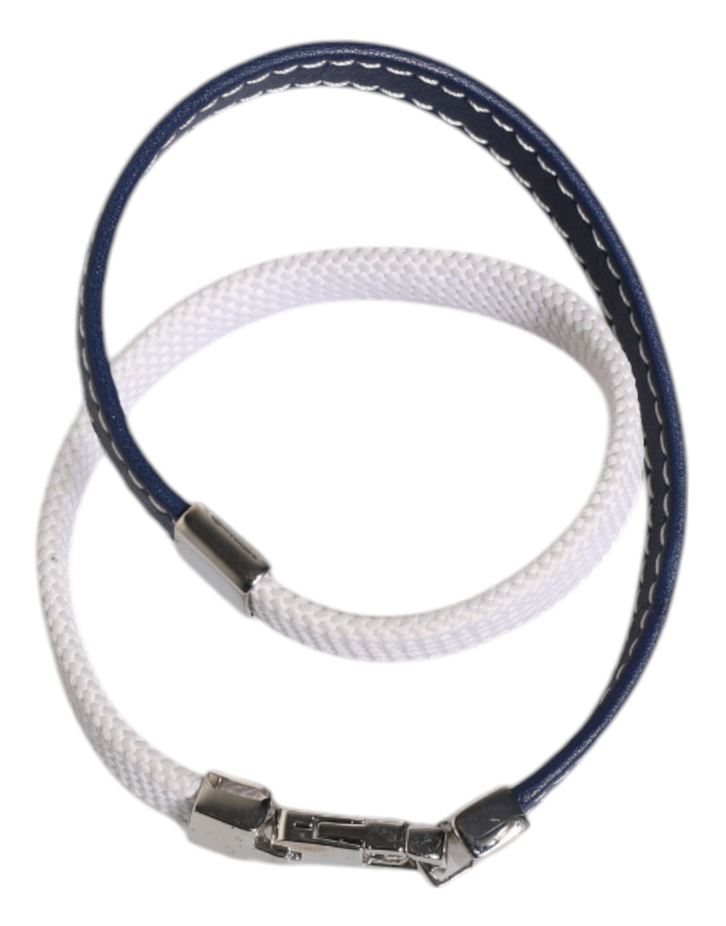 Dolce & Gabbana Blue White Leather Trimmed DG Engraved Silver Tone Clasp Bracelet