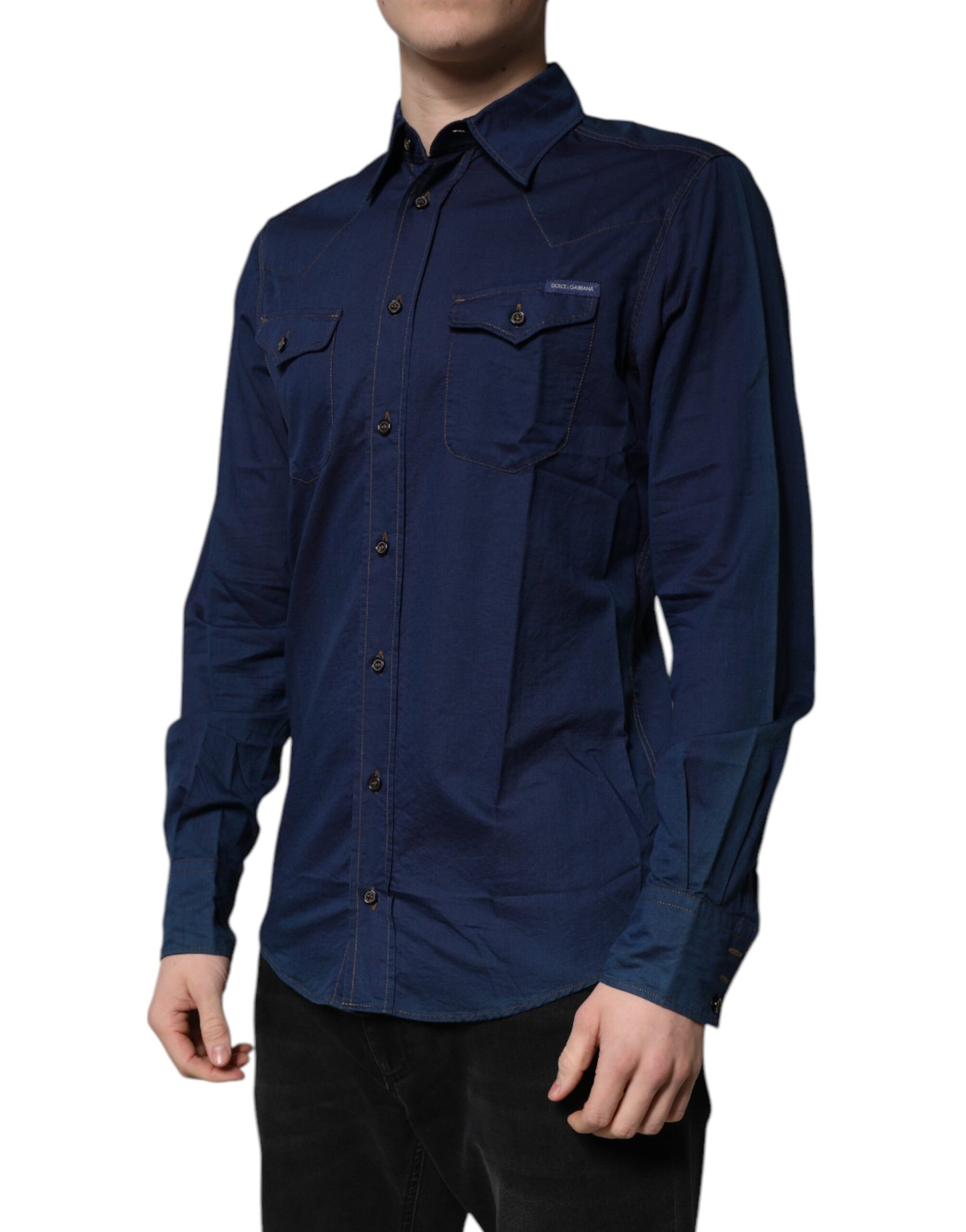 Dolce & Gabbana Dark Blue Cotton GOLD Dress Formal Shirt