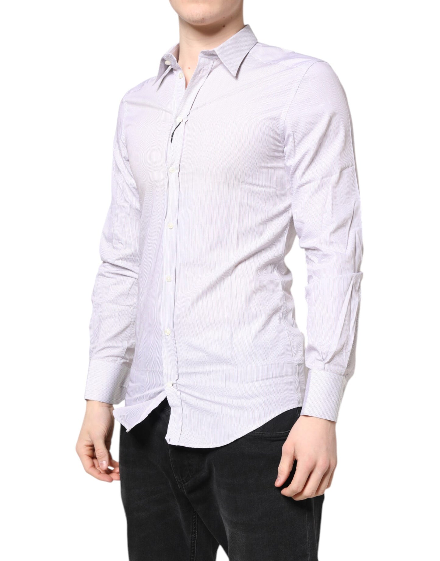 Dolce & Gabbana White Striped Cotton GOLD Long Sleeves Shirt