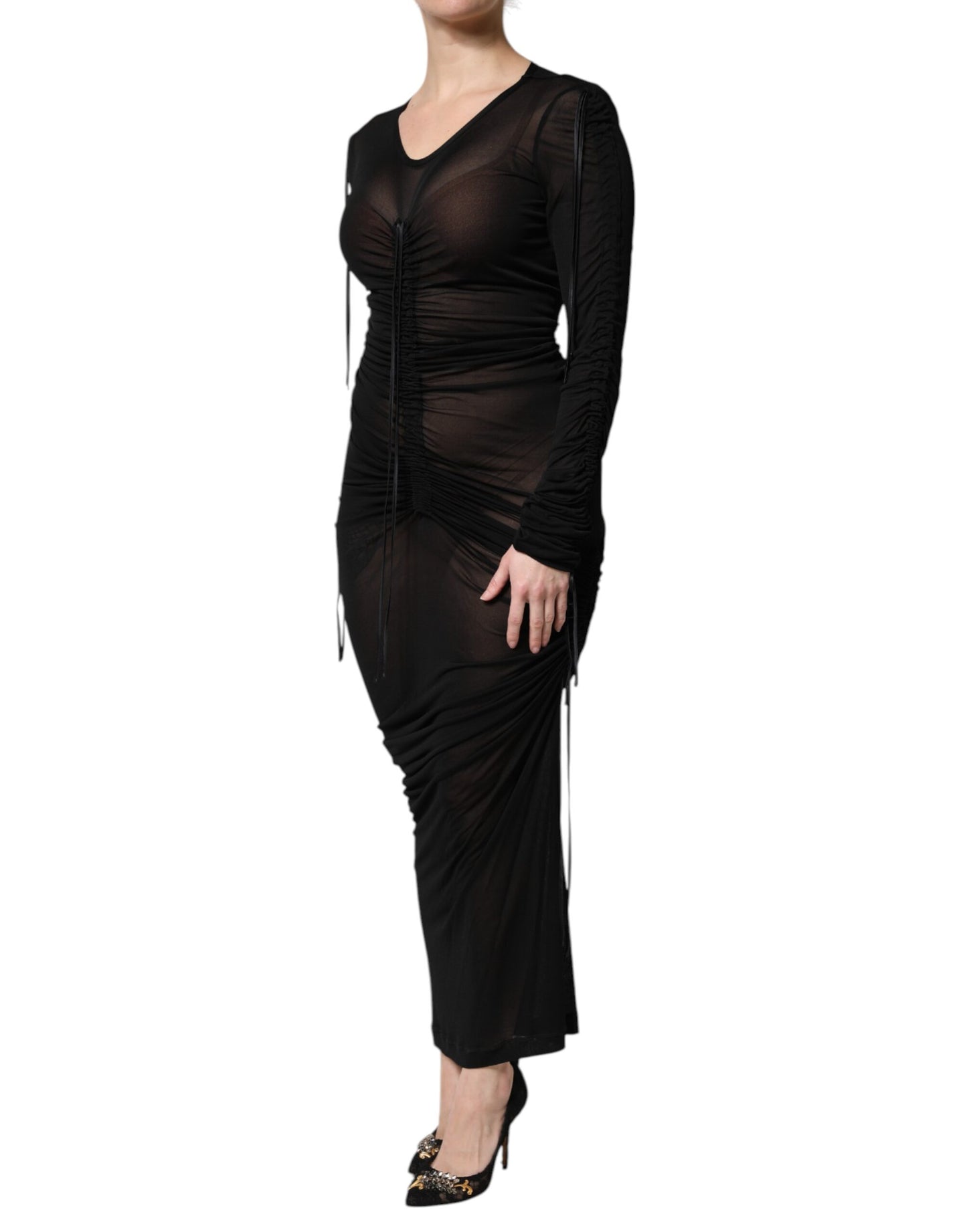 Dolce & Gabbana Black Mesh Trim Bodycon Long Sheath Dress