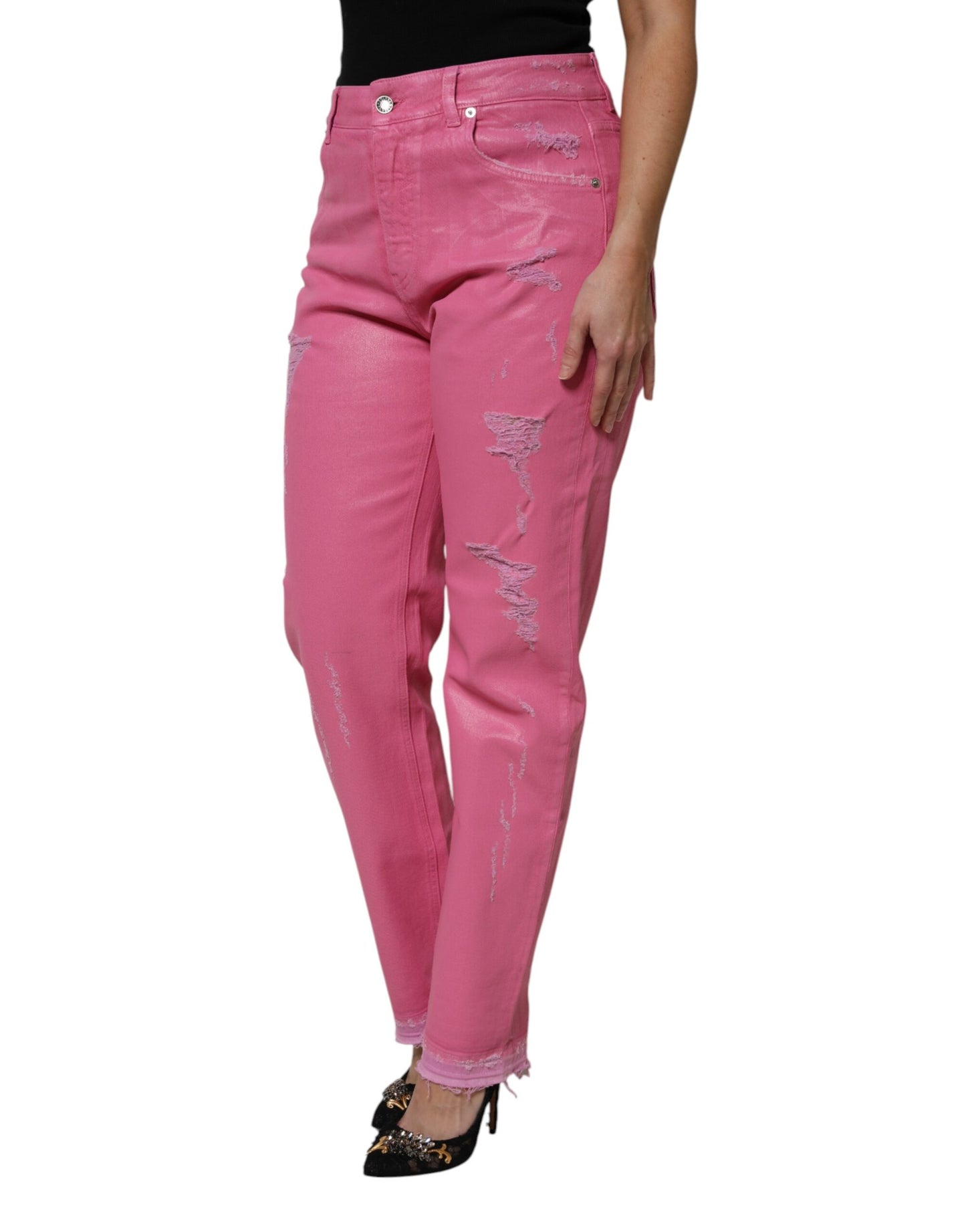 Dolce & Gabbana Pink Tattered Mid Waist Tapered Denim Jeans