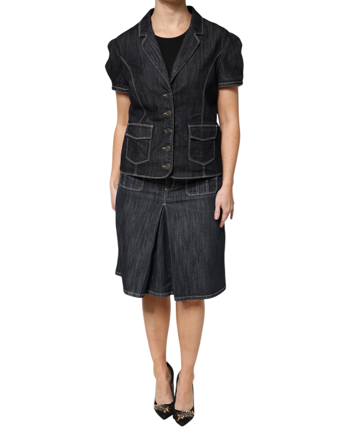 Escada Black Cotton Blend Denim Top Skirt Casual Set