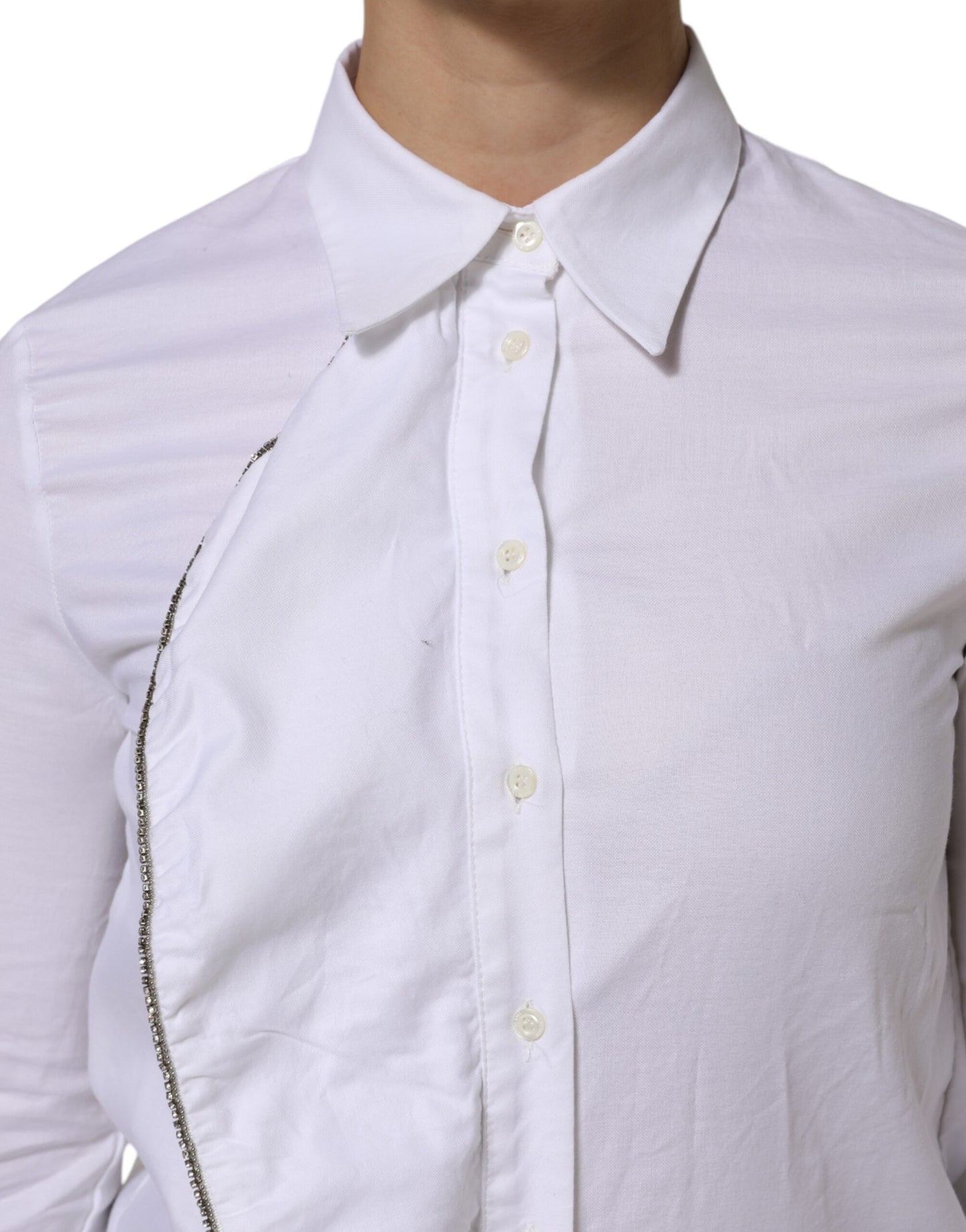 AGLINI White Cotton Collared Long Sleeves Ruffle Top Shirt