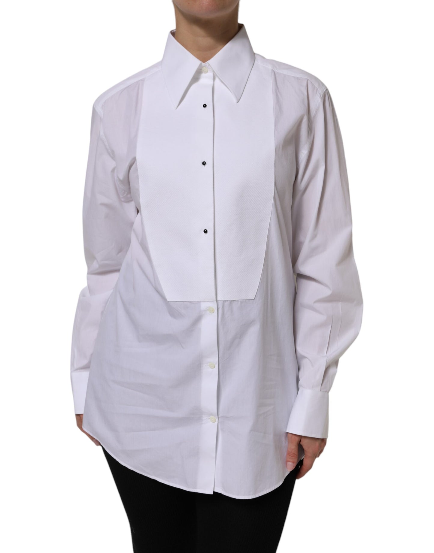 Dolce & Gabbana White Cotton Long Sleeves Collared Top Shirt