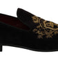 Dolce & Gabbana Loafers Black Velvet Gold Crown