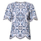 Dolce & Gabbana Blue Lace Eyelet Crew Neck Blouse Top