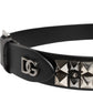 Dolce & Gabbana Black Leather Studded DG Metal Buckle Belt