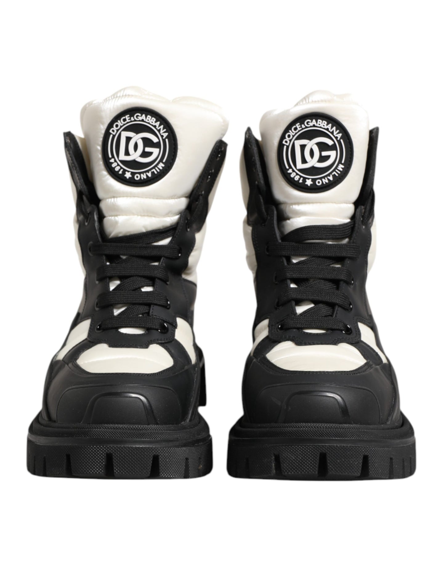 Dolce & Gabbana Black White Padded Lace Up Short Boots Shoes