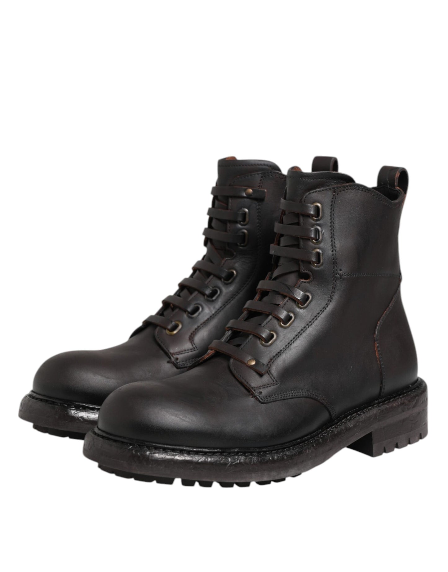 Dolce & Gabbana Dark Brown Leather Lace Up Mid Calf Boots Shoes
