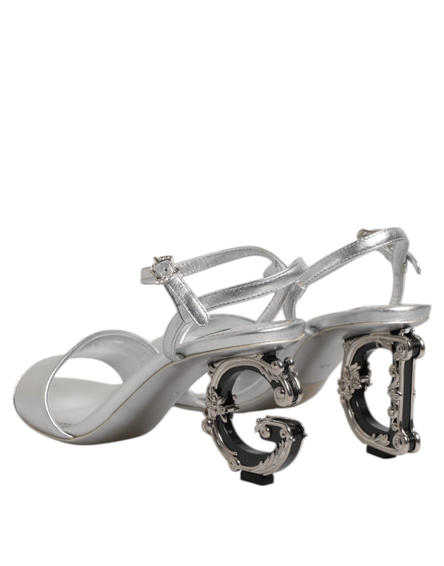 Dolce & Gabbana Silver Leather DG Heels Keira Sandals Shoes