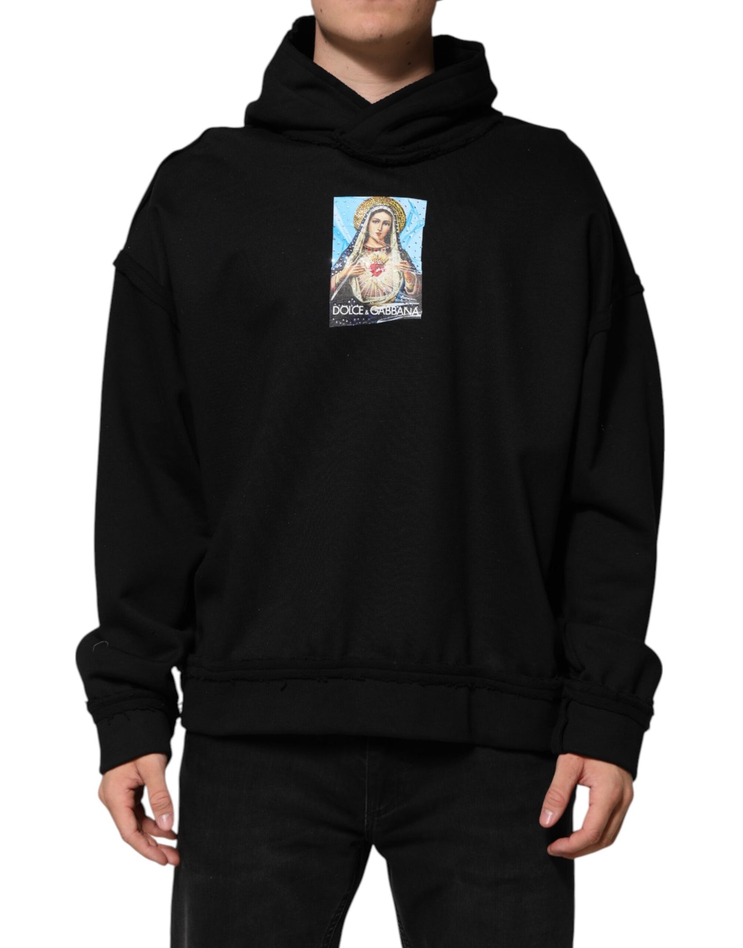 Dolce & Gabbana Black Printed Hoodie Crystal Embellished Jacket