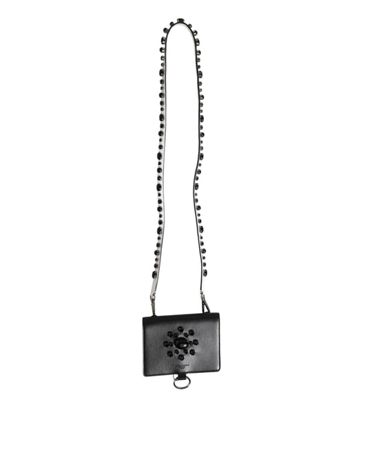 Dolce & Gabbana Black Leather Crystal Embellished Card Holder Wallet