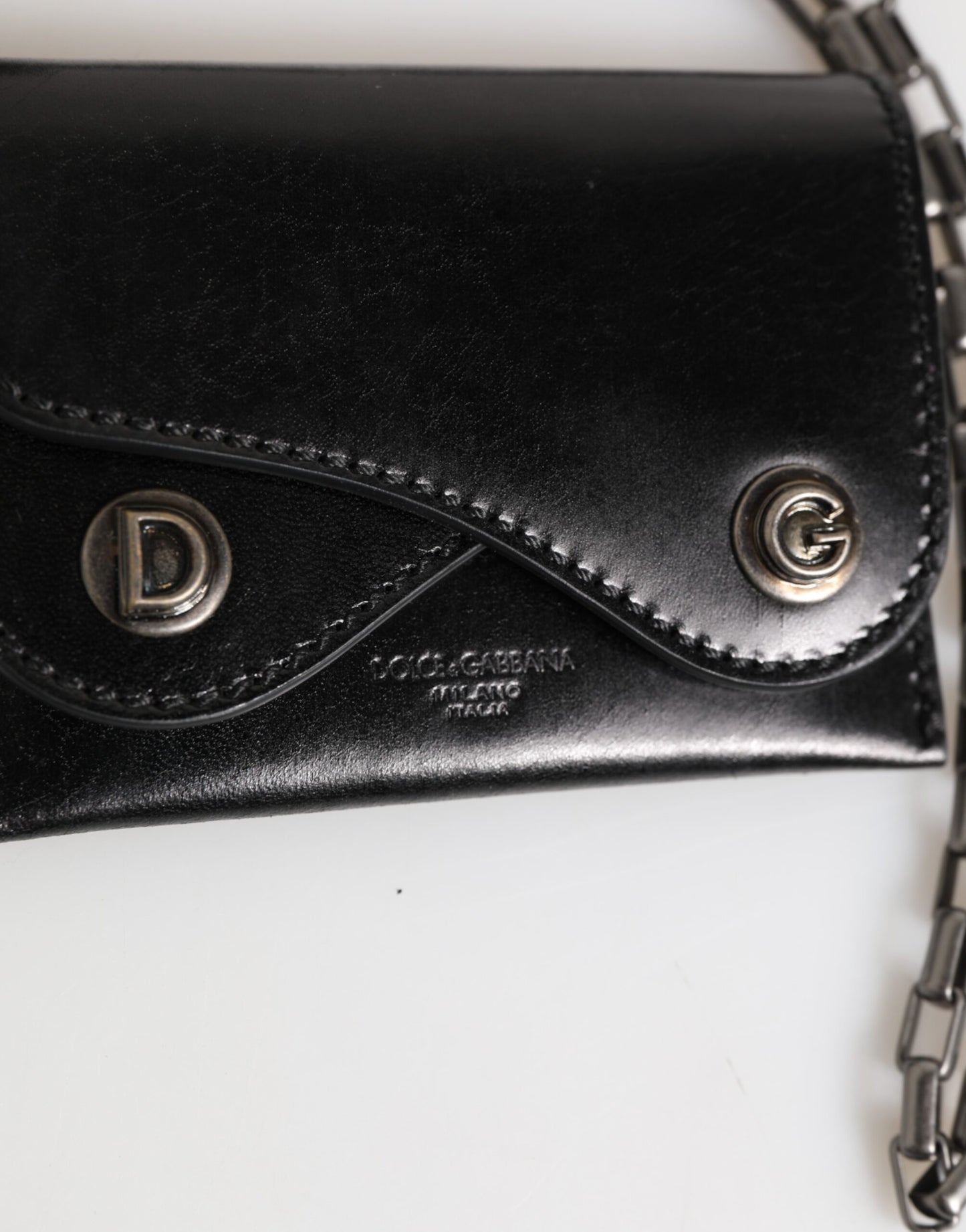 Dolce & Gabbana Black Cavallo Leather Wallet Chain Snap Bifold Card Holder