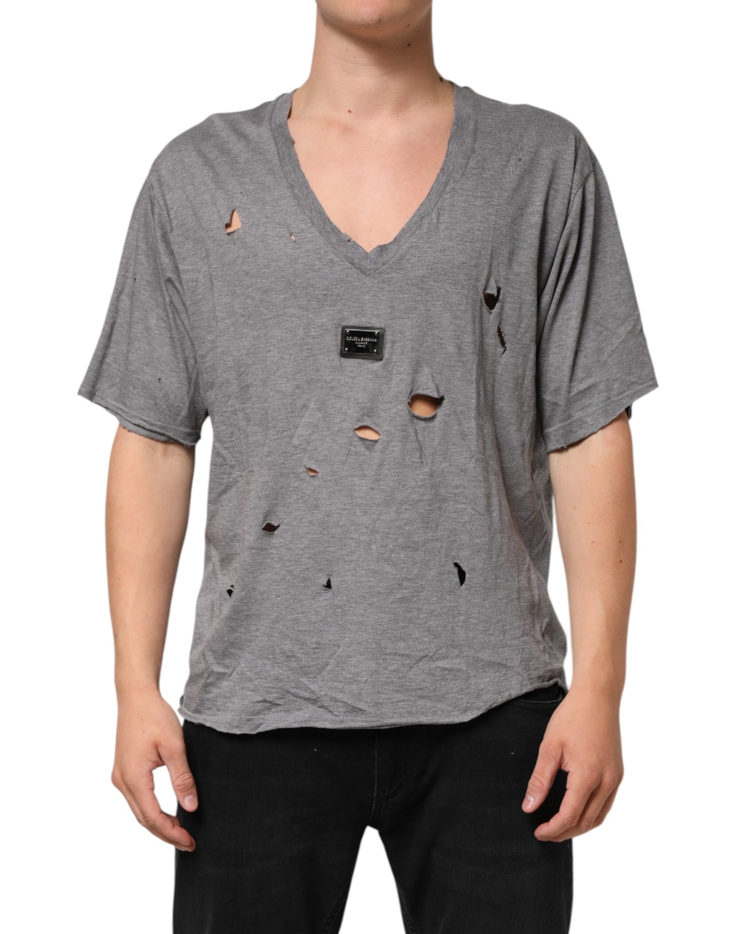 Dolce & Gabbana Gray Cotton Tattered Logo Patch Men T-shirt