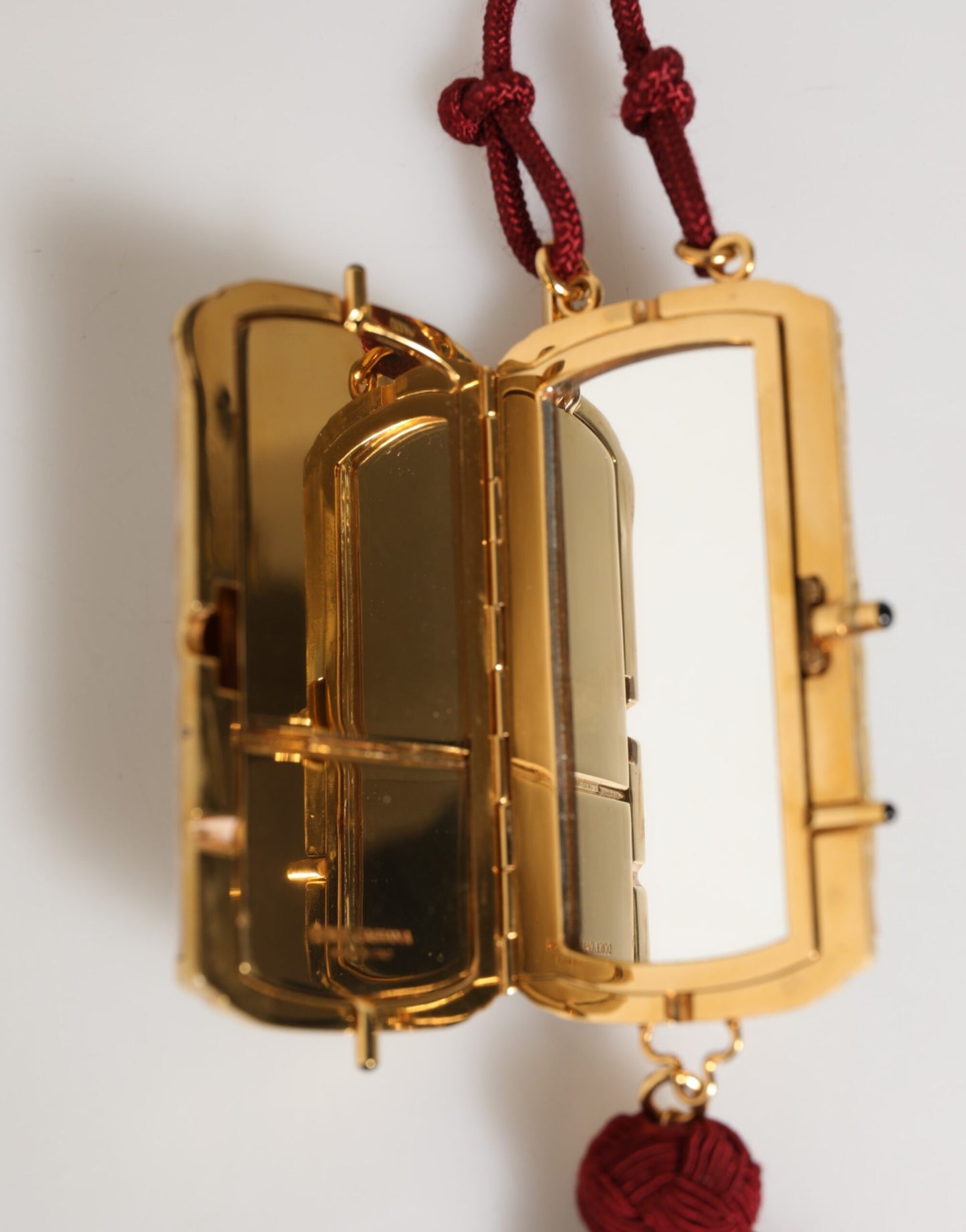 Dolce & Gabbana White Pearl Resin Gold Metal Red Tassel Pendant Bag