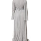 Dolce & Gabbana Grey Pleated Maxi Long Sleeve Silk Blend Gown Dress