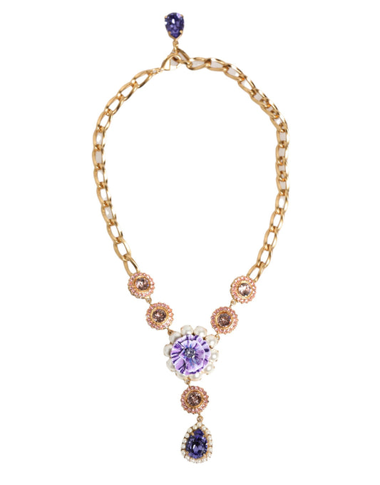 Dolce & Gabbana Gold Brass Crystal Pearl Purple Floral Pendant Jewelry Necklace