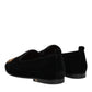 Dolce & Gabbana Black Velvet Gold Crown Mens Loafers Shoes