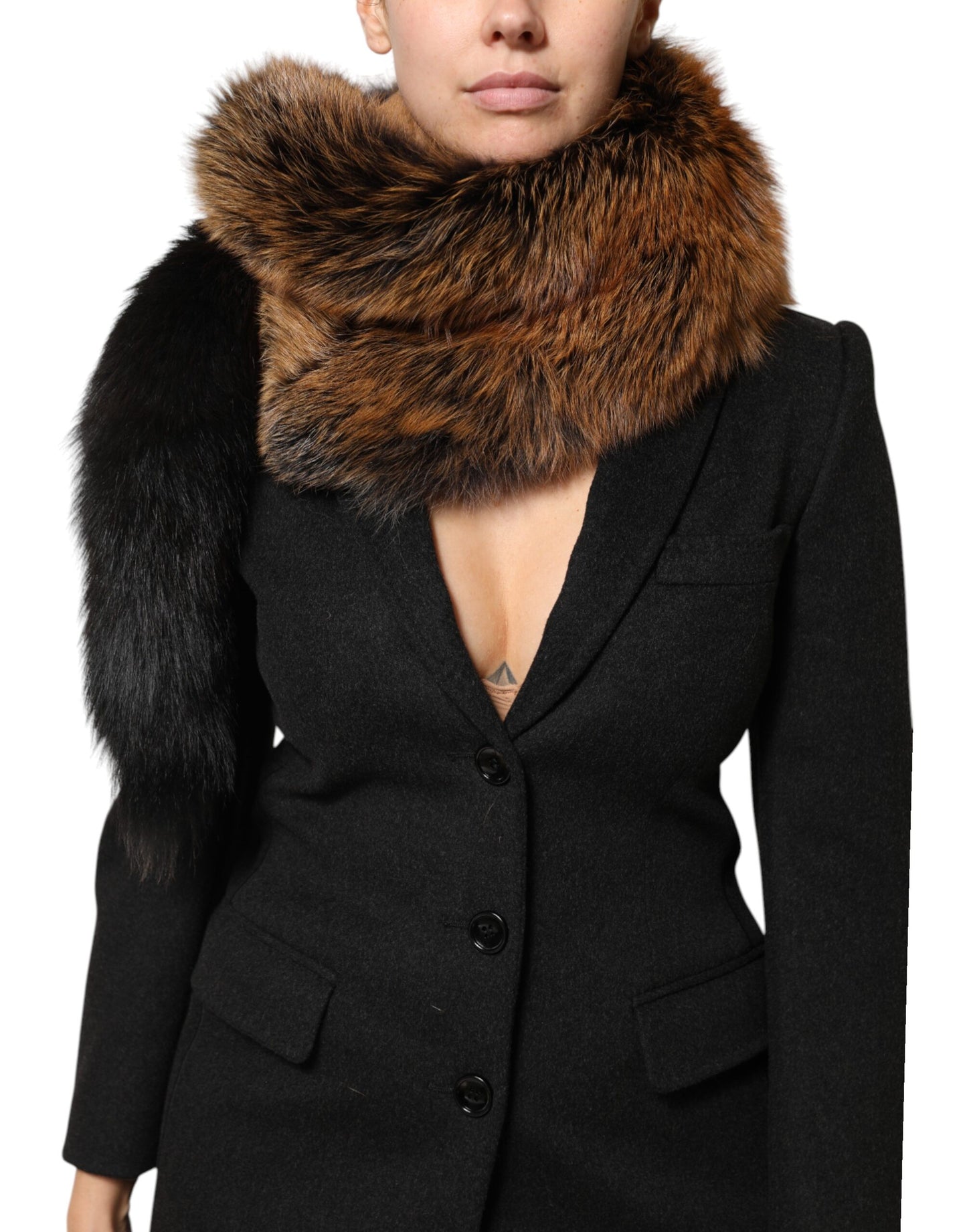 Dolce & Gabbana Brown Red Fox Fur Neck Cashmere Warmer Scarf