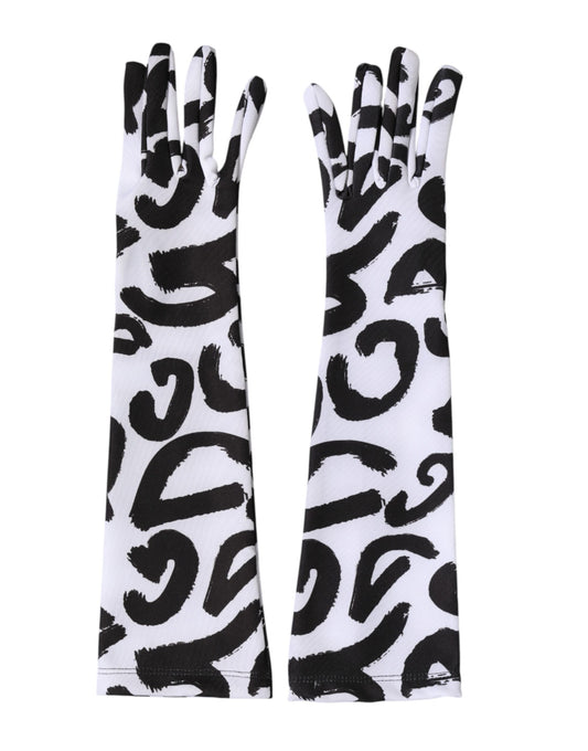 Dolce & Gabbana Black White DG Logo Elbow Length Mitten Gloves