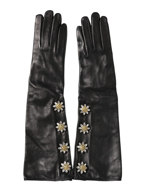 Dolce & Gabbana Black Leather Embellished Long Mitten Gloves