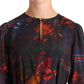 Ballantyne A-line Navy Blue Floral Silk Long Sleeve Knee Length Dress