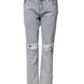 One Teaspoon Light Blue Tattered Mid Waist Straight Denim Jeans