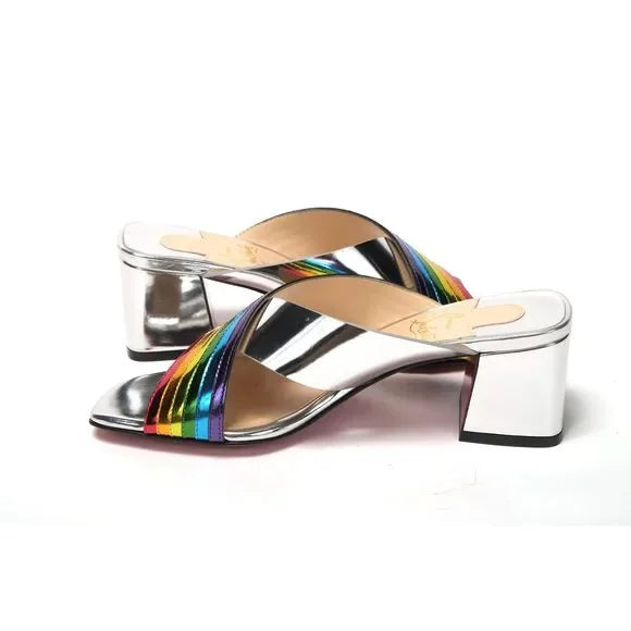 Christian Louboutin Silver Silver And Rainbow Stripe Mule Sandal
