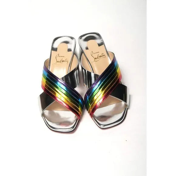 Christian Louboutin Silver Silver And Rainbow Stripe Mule Sandal